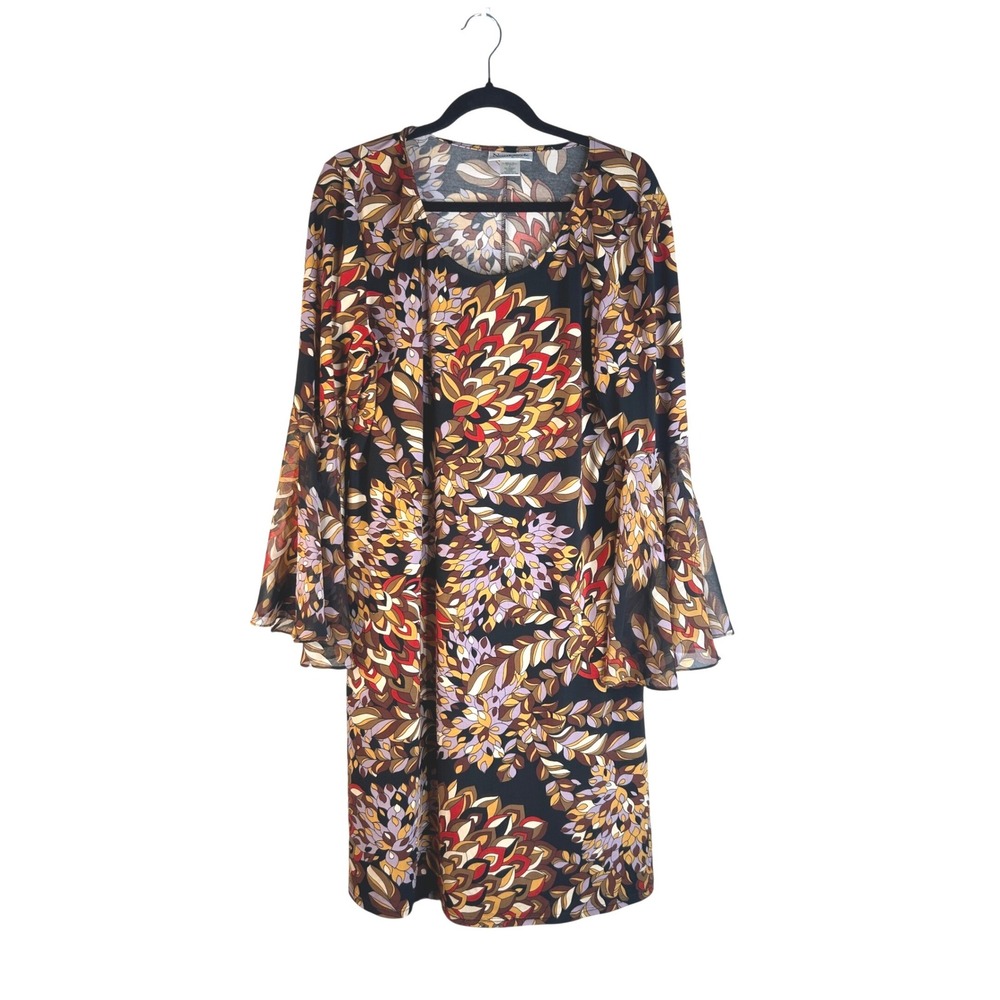 NorthStyle Multicolor Leaf‎ Print Bell Sleeve 70's Boho Shift Dress Size Large